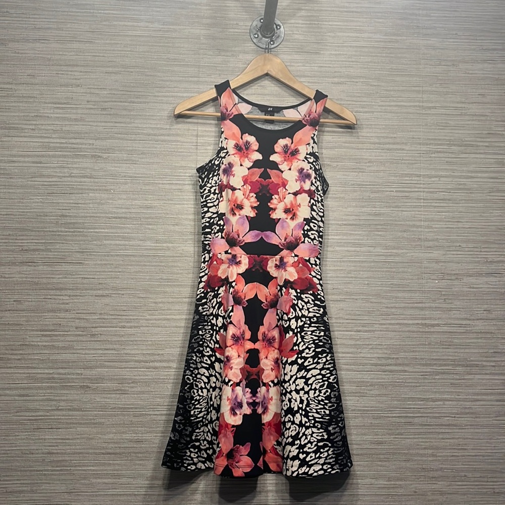 Tropical floral leopard fit and flare dress
